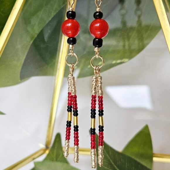 2/$27 | Red + Black Beaded Indigenous Native Fringe Earrings | Handmade - Picture 3 of 6
